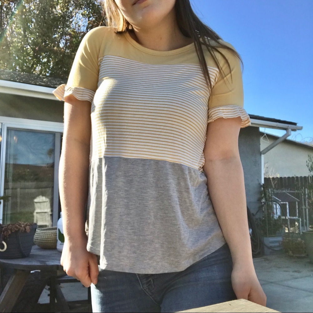 Stripe & Color Block Tee w/ruffle cap sleeves